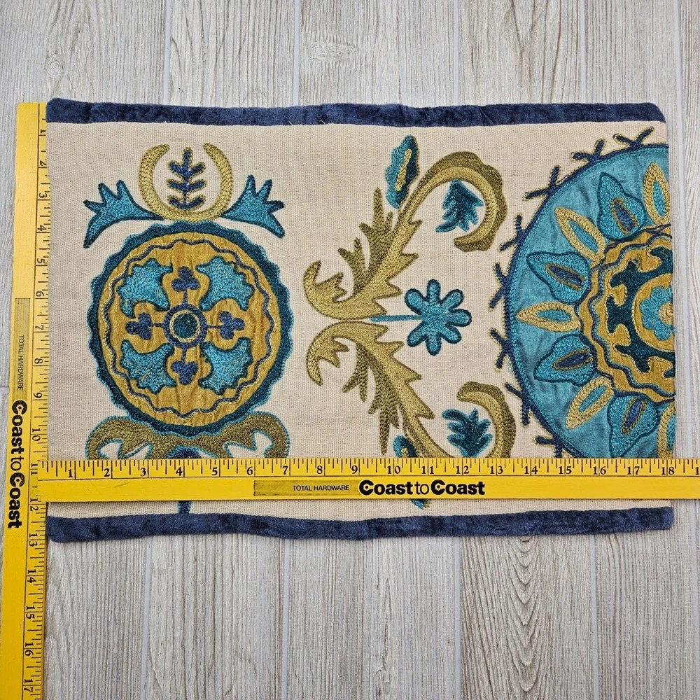 Pier 1 Imports Suzani Embroidered Lumbar Pillow Cover Beige Teal Gold 13x20